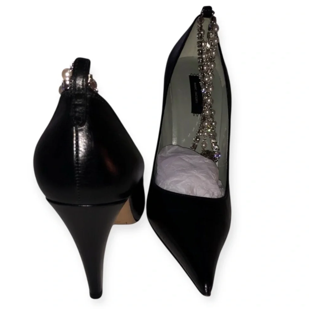 NWT Marc Jacobs Black Pointed-Toe Slingback Heels W/Crystal Embellished Strap, 8
